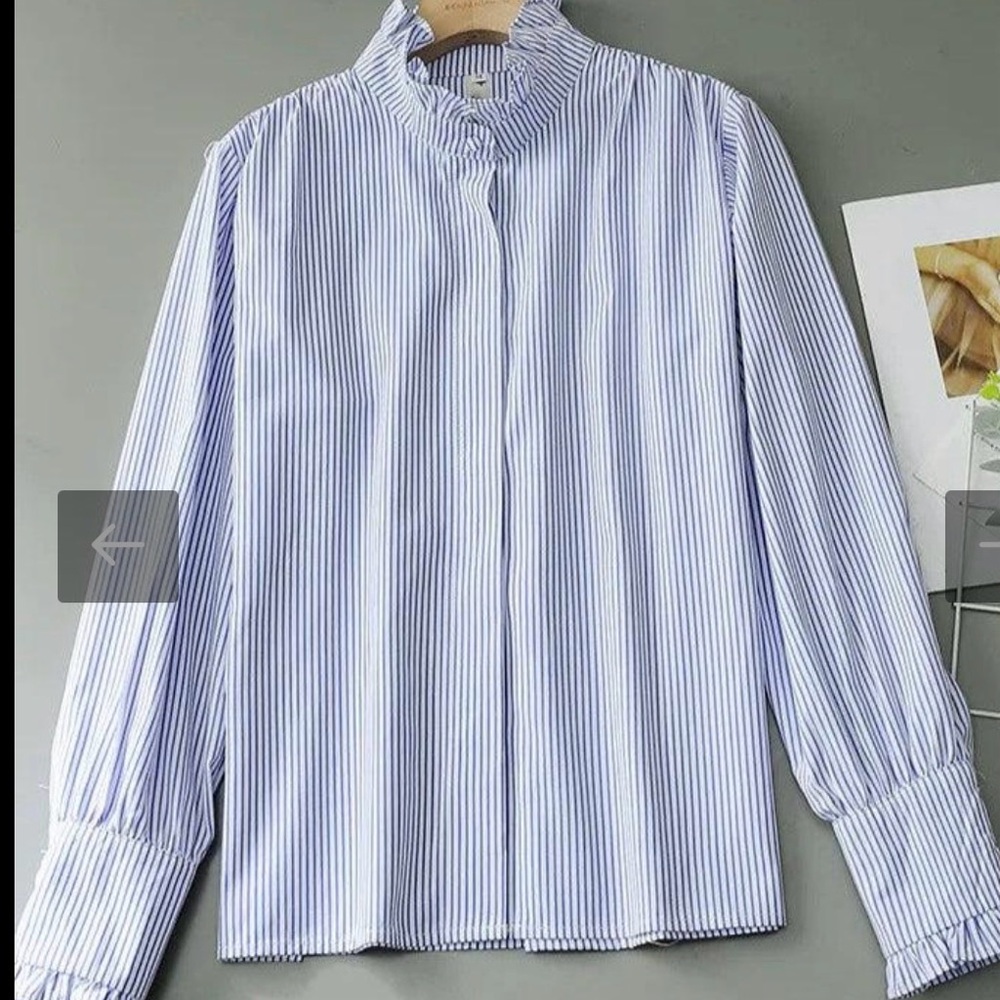 Blue Striped Women’s Shirt with ruffle neck and cuffs